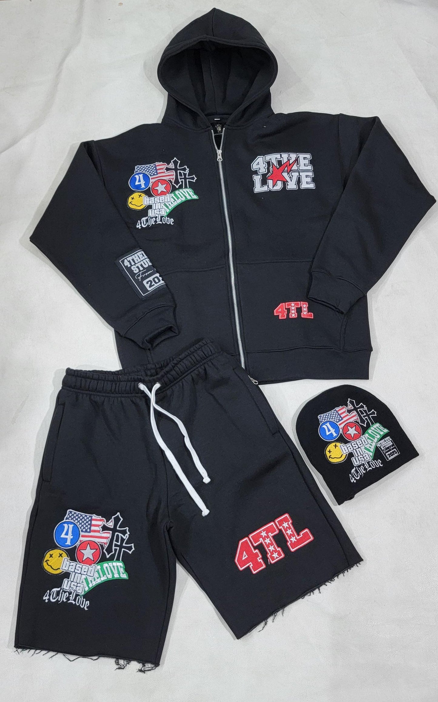 CITY HUSTLE SHORTS AND HOODIE FULL OUTFIT WITH BEANIE (BLACK)