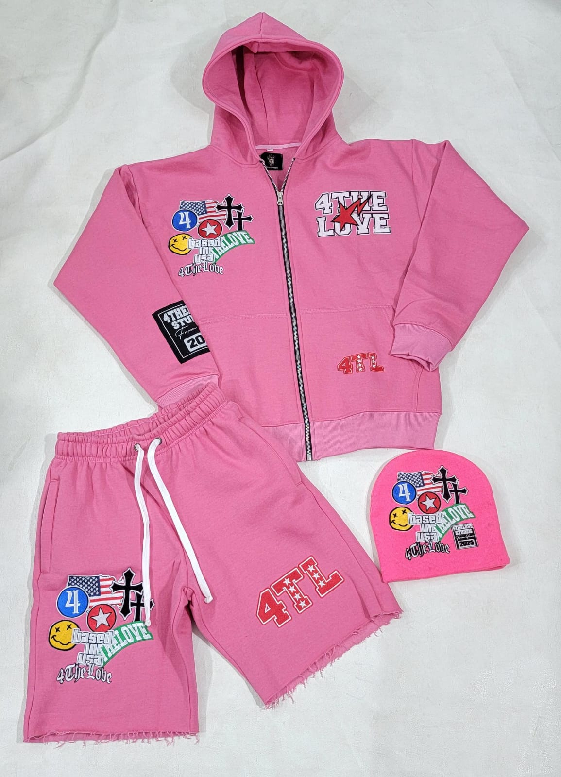 CITY HUSTLE SHORTS AND HOODIE FULL OUTFIT WITH BEANIE (PINK)