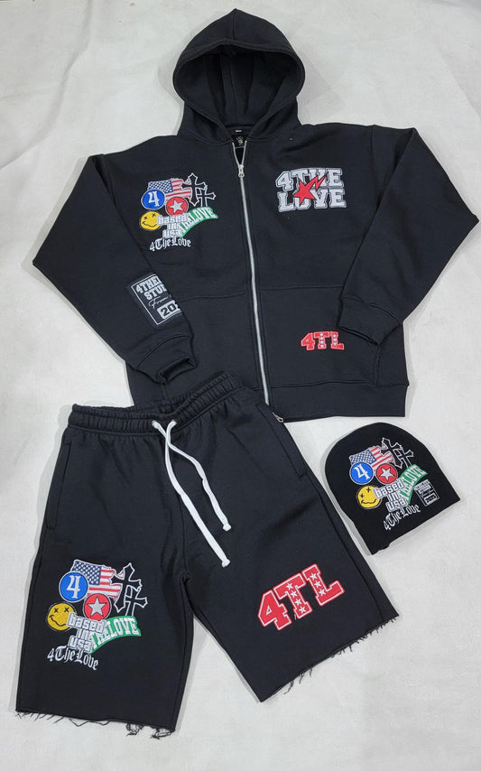 CITY HUSTLE SHORTS AND HOODIE FULL OUTFIT WITH BEANIE (BLACK)